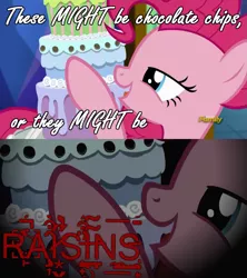 Size: 853x960 | Tagged: cake, castle sweet castle, creepypasta, derpibooru import, grimderp, image macro, meme, pinkie pie, pure unfiltered evil, safe, scan lines, seven-layer what's-that-flavour mystery surprise, the worst possible thing, you monster, zalgo