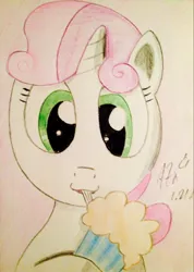 Size: 1536x2162 | Tagged: safe, artist:a7xcaramel, derpibooru import, sweetie belle, one bad apple, cute, milkshake, simple background, solo, traditional art