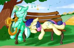 Size: 2070x1350 | Tagged: safe, artist:fearingfun, derpibooru import, bon bon, lyra heartstrings, sweetie drops, earth pony, pony, unicorn, bench, bush, cloud, eyes closed, female, grass, lesbian, lyrabon, lyre, magic, mare, shipping, sky, smiling, tree