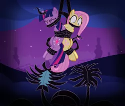 Size: 900x758 | Tagged: suggestive, artist:radiantrealm, derpibooru import, fluttershy, twilight sparkle, pony, black vine, bondage, bound together, commission, crying, damsel in distress, femsub, fluttersub, gag, i've seen enough hentai to know where this is going, image, imminent vore, implied vore, peril, png, show accurate, show accurate porn, story included, submissive, suspended, tied up, twisub, vine