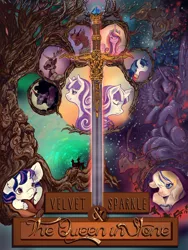 Size: 902x1200 | Tagged: safe, artist:saint-juniper, derpibooru import, king sombra, princess cadance, shining armor, twilight velvet, oc, alicorn, deer, pony, unicorn, fanfic, fanfic:myths and birthrights, fanfic:velvet sparkle and the queen in stone, fanfic art, fanfic cover, female, male, mare, stallion, sword, weapon