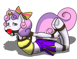 Size: 3300x2550 | Tagged: suggestive, artist:ryuseihikari, derpibooru import, sweetie belle, anthro, unguligrade anthro, unicorn, advertisement, ballgag, belly button, bondage, bow, breast bondage, breasts, cheerleader, clothes, delicious flat chest, female, flatie belle, gag, hair bow, hogtied, horn ring, image, implied foalcon, kidnapped, magic suppression, midriff, png, rope, rope bondage, skirt, tanktop, underhoof, ych result