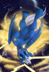Size: 3402x5000 | Tagged: safe, artist:detomasko, derpibooru import, night glider, pegasus, pony, the cutie map, absurd resolution, cute, female, glideabetes, mare, moon, open mouth, shooting star, solo, stars, upside down, wing fluff