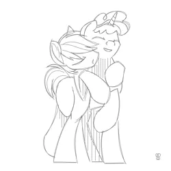 Size: 1280x1280 | Tagged: safe, artist:hoverrover, derpibooru import, double diamond, party favor, earth pony, pony, unicorn, eyes closed, gay, hug, male, monochrome, partydiamond, raised hoof, shipping, sketch, smiling, snuggling, stallion