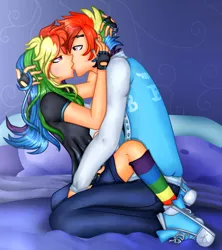 Size: 1600x1800 | Tagged: artist:kikirdcz, clothes, converse, dashblitz, derpibooru import, female, fingerless gloves, gloves, human, humanized, kissing, male, nail polish, rainbow blitz, rainbow dash, rule 63, selfcest, self ponidox, shipping, straight, suggestive