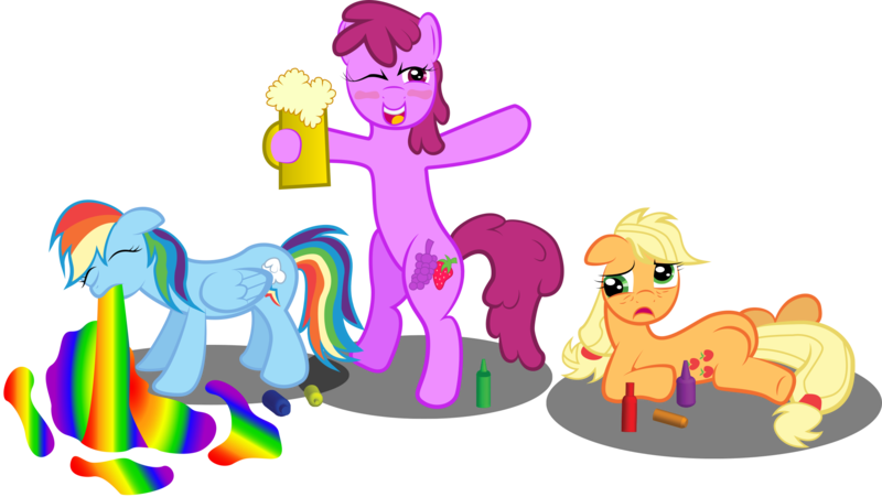 Size: 2052x1156 | Tagged: alcohol, applejack, artist:spellboundcanvas, berry punch, berryshine, derpibooru import, drinking, puking rainbows, rainbow dash, safe, vomiting