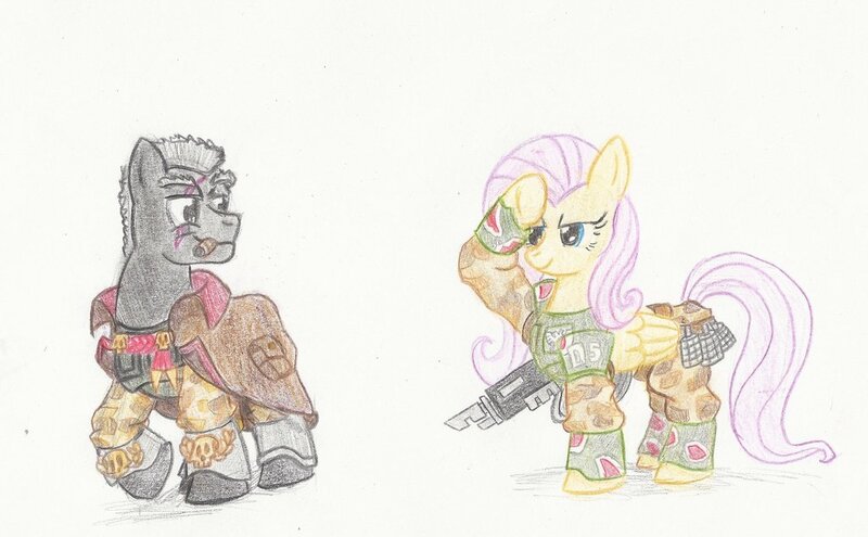 Size: 1024x634 | Tagged: semi-grimdark, artist:sensko, derpibooru import, fluttershy, earth pony, pegasus, pony, armor, cadian shock troops, cigar, clothes, coat, crossover, eye scar, female, grenade, gun, imperial guard, lasgun, male, mare, military uniform, pencil drawing, raised hoof, salute, scar, stallion, traditional art, ursarkar creed, warhammer (game), warhammer 40k, weapon