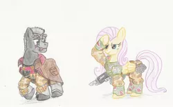 Size: 1024x634 | Tagged: semi-grimdark, artist:sensko, derpibooru import, fluttershy, earth pony, pegasus, pony, armor, cadian shock troops, cigar, clothes, coat, crossover, eye scar, female, grenade, gun, imperial guard, lasgun, male, mare, military uniform, pencil drawing, raised hoof, salute, scar, stallion, traditional art, ursarkar creed, warhammer (game), warhammer 40k, weapon