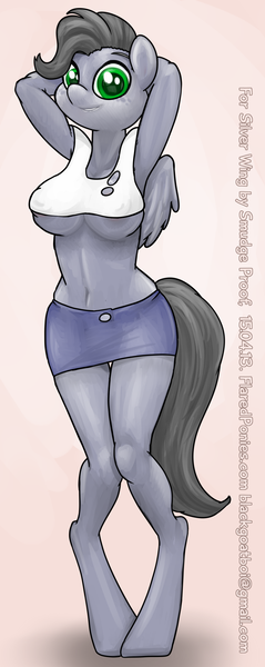 Size: 796x2000 | Tagged: anthro, arm behind head, armpits, artist:smudge proof, belly button, boob freckles, breasts, chest freckles, clothes, commission, denim skirt, derpibooru import, female, freckles, looking at you, midriff, nipples, oc, oc:silver wing, pegasus, questionable, skirt, solo, solo female, underboob, unofficial characters only