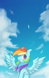 Size: 1580x2500 | Tagged: safe, alternate version, artist:snowsky-s, derpibooru import, rainbow dash, pegasus, pony, cloud, female, mare, open mouth, sitting, sky, solo, spread wings, wings