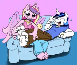 Size: 1280x1098 | Tagged: safe, artist:ced75, artist:kuroi-wolf, derpibooru import, princess cadance, shining armor, alicorn, anthro, plantigrade anthro, unicorn, barefoot, cute, feet, female, foot fetish, good clean married tickles, male, male feet, shining adorable, shiningcadance, shipping, straight, tickling