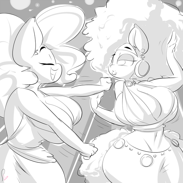 Size: 900x900 | Tagged: anthro, artist:sanders, breasts, busty pinkie pie, dancing, derpibooru import, female, grayscale, monochrome, nudity, oc, oc:flash candy, pinkie pie, questionable