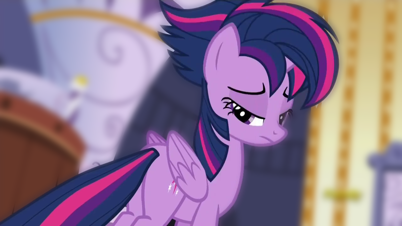 Size: 1280x720 | Tagged: safe, derpibooru import, edit, edited screencap, screencap, twilight sparkle, twilight sparkle (alicorn), alicorn, pony, castle sweet castle, alternate hairstyle, cute, female, image, mane, mare, png, punklight sparkle, solo, tail, tail pull, wallpaper