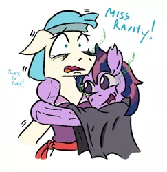 Size: 500x515 | Tagged: alternate universe, artist:jargon scott, bandana, bard, cloak, clothes, cocoa cantle, coco pommel, crying, cute, derpibooru import, dialogue, floppy ears, grimcute, hug, lich, open mouth, rule 63, scared, semi-grimdark, smiling, startled, sword rara, twilich sparkle, twilight sparkle, wide eyes, zombie