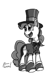 Size: 1024x1545 | Tagged: artist:mindofnoodles, clothes, derpibooru import, hat, monochrome, pinkie pie, safe, solo, top hat