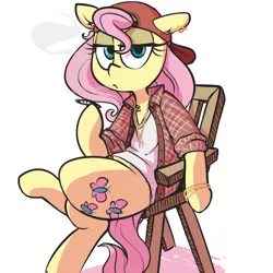 Size: 900x900 | Tagged: safe, artist:whydomenhavenipples, derpibooru import, fluttershy, pony, backwards ballcap, baseball cap, bracelet, cap, chair, clothes, crossed legs, drugs, ear piercing, earring, female, flank, flutterhigh, flutterjoint, hat, high, jewelry, joint, lidded eyes, looking at you, mare, marijuana, necklace, piercing, plaid, shirt, sitting, smoking, solo, thighs