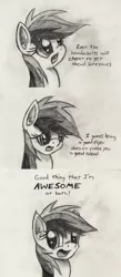 Size: 949x2173 | Tagged: safe, artist:mindofnoodles, derpibooru import, rainbow dash, pegasus, pony, black and white, comic, female, grayscale, mare, monochrome, solo, traditional art