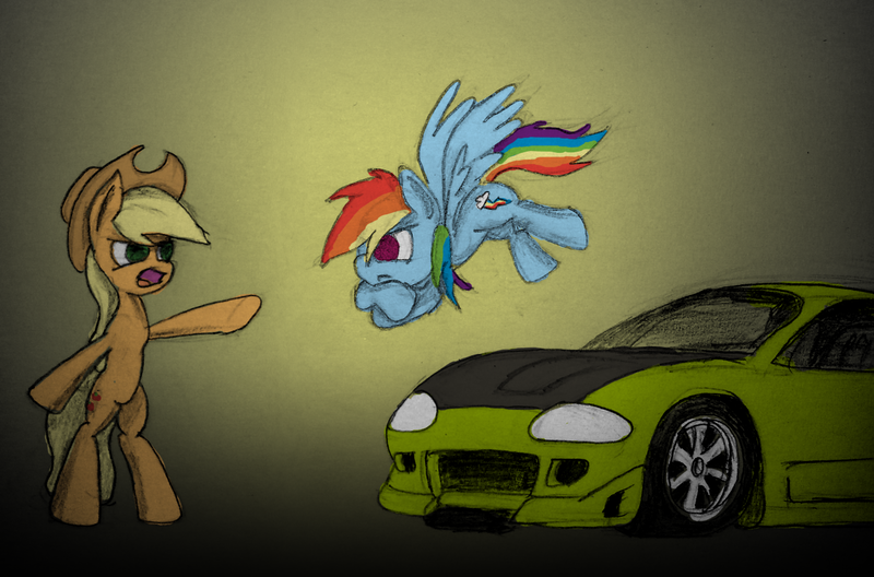 Size: 1322x872 | Tagged: safe, artist:mindofnoodles, derpibooru import, applejack, rainbow dash, pony, bipedal, car, fast and furious, mitsubishi, mitsubishi eclipse, the fast and the furious