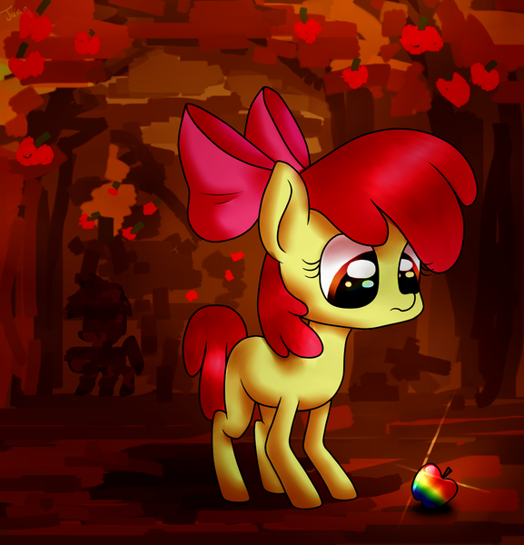 Size: 1131x1177 | Tagged: safe, artist:juisedrop, derpibooru import, apple bloom, earth pony, pony, apple, apple tree, eye reflection, food, looking at something, reflection, solo, tree, zap apple