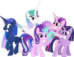 Size: 3880x3000 | Tagged: dead source, safe, artist:theshadowstone, derpibooru import, princess cadance, princess celestia, princess luna, starlight glimmer, twilight sparkle, twilight sparkle (alicorn), alicorn, pony, the cutie map, alicorn tetrarchy, alternate hairstyle, bad end, cute, equal cutie mark, equalized, equestria is doomed, female, grin, mare, my little pony, s5 starlight, simple background, smiling, squee, the bad guy wins, this will end in communism, transparent background, uh oh, vector, xk-class end-of-the-world scenario