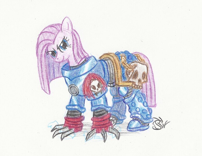 Size: 1593x1231 | Tagged: safe, artist:sensko, derpibooru import, pinkie pie, earth pony, pony, armor, crossover, female, mare, night lords, pencil drawing, pinkamena diane pie, power armor, skull, solo, space marine, traditional art, warhammer (game), warhammer 30k, warhammer 40k