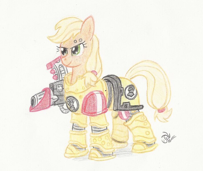 Size: 1719x1451 | Tagged: safe, artist:sensko, derpibooru import, applejack, earth pony, pony, armor, crossover, devastator squad, female, gun, imperial fists, mare, pencil drawing, power armor, rocket launcher, solo, space marine, traditional art, warhammer (game), warhammer 30k, warhammer 40k, weapon