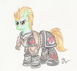 Size: 1260x1165 | Tagged: safe, artist:sensko, derpibooru import, lightning dust, pony, armor, crossover, earring, female, mare, pelt, pencil drawing, piercing, power armor, solo, space marine, space wolves, traditional art, warhammer (game), warhammer 30k, warhammer 40k