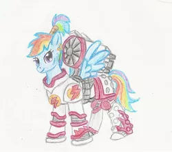 Size: 1353x1201 | Tagged: safe, artist:sensko, derpibooru import, rainbow dash, pegasus, pony, alternate hairstyle, armor, crossover, ear piercing, earring, female, jetpack, mare, pencil drawing, piercing, ponytail, power armor, solo, space marine, traditional art, warhammer (game), warhammer 30k, warhammer 40k, white scars