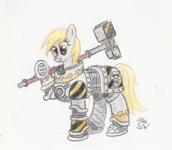 Size: 1524x1332 | Tagged: safe, artist:sensko, derpibooru import, derpy hooves, pegasus, pony, armor, crossover, female, iron warriors, mare, pencil drawing, power armor, solo, space marine, traditional art, war hammer, warhammer (game), warhammer 30k, warhammer 40k, weapon