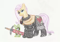 Size: 1725x1198 | Tagged: safe, artist:sensko, derpibooru import, angel bunny, fluttershy, pony, armor, clothes, crossover, dark angels, duo, female, mare, pencil drawing, power armor, power sword, robe, space marine, sword, traditional art, warhammer (game), warhammer 30k, warhammer 40k, watcher in the dark