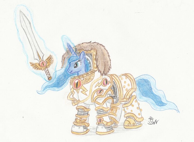 Size: 2439x1796 | Tagged: safe, artist:sensko, derpibooru import, princess luna, pony, armor, crossover, female, horus heresy, horus lupercal, luna wolves, magic, magic aura, mare, pencil drawing, power armor, power sword, solo, space marine, sword, telekinesis, terminator armor, traditional art, warhammer (game), warhammer 30k, warhammer 40k