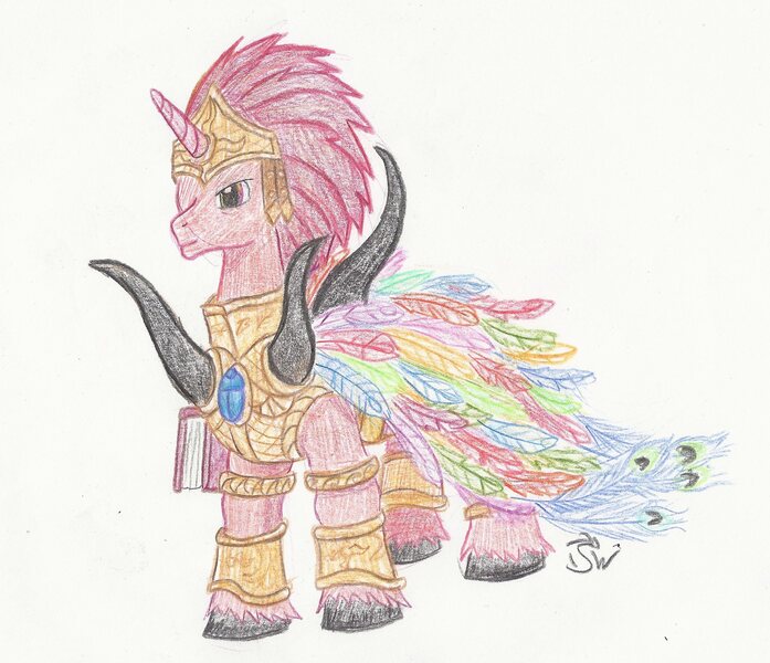 Size: 2116x1822 | Tagged: safe, artist:sensko, derpibooru import, pony, unicorn, armor, crossover, magnus the red, male, one eyed, pencil drawing, power armor, primarch, solo, stallion, thousand sons, traditional art, warhammer (game), warhammer 30k, warhammer 40k