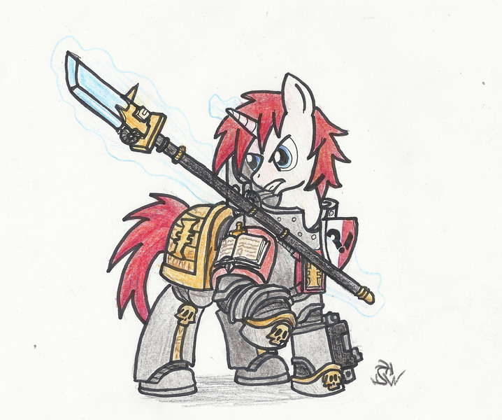 Size: 2096x1752 | Tagged: safe, artist:sensko, derpibooru import, oc, unofficial characters only, pony, unicorn, armor, bolter, crossover, grey knights, halberd, magic, magic aura, nemesis force halberd, pencil drawing, polearm, power armor, solo, spear, telekinesis, traditional art, warhammer (game), warhammer 40k, weapon