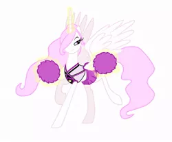 Size: 960x795 | Tagged: safe, artist:xxlordmarkusxx, derpibooru import, princess celestia, alicorn, pony, cheerleader, cheerleader outfit, clothes, female, hair over one eye, levitation, magic, mare, pink mane, pink-mane celestia, raised hoof, simple background, skirt, smiling, smirk, solo, spread wings, telekinesis, white background, wings, younger