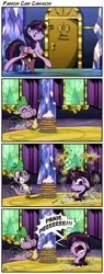 Size: 2000x5250 | Tagged: safe, artist:gray--day, derpibooru import, spike, twilight sparkle, twilight sparkle (alicorn), alicorn, pony, castle sweet castle, alternate hairstyle, bathroom, blushing, cannon, comic, derp, eating, female, hidden confetti cannon, mare, newspaper, pancakes, pony cannonball, punklight sparkle, slapstick, toilet, toilet humor, twilight's castle, whistling