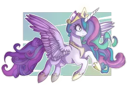 Size: 1024x683 | Tagged: safe, artist:sofilut, derpibooru import, princess celestia, alicorn, pony, crown, female, flying, jewelry, mare, regalia, solo, spread wings, wings