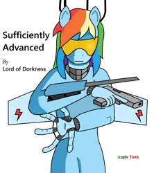 Size: 842x950 | Tagged: safe, artist:appletank, derpibooru import, rainbow dash, cyborg, human, pony, fanfic:sufficiently advanced, 1000 hours in ms paint, augmented, badass, bipedal, cover art, gun, handgun, ms paint, phylactery, rainbot dash, signature, simple background, solo, text, transparent background