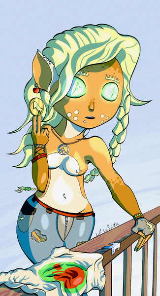 Size: 1300x2400 | Tagged: anthro, applejack, artist:lulilulilaj, belly button, clothes, coin, derpibooru import, hippie, human facial structure, nudity, piercing, questionable, solo, topless