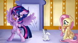 Size: 3000x1662 | Tagged: safe, artist:discorded, derpibooru import, angel bunny, fluttershy, twilight sparkle, twilight sparkle (alicorn), pony, semi-anthro, castle sweet castle, alternate hairstyle, angry, armpits, belly button, bipedal, floppy ears, fluffy, fluffy angel, gritted teeth, open mouth, punklight sparkle, scrunchy face, smiling, spread wings
