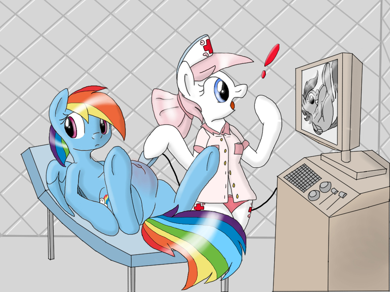 Size: 1024x768 | Tagged: safe, artist:dj-pon5, artist:tg-0, derpibooru import, nurse redheart, rainbow dash, scootaloo, anthro, pegasus, belly, colored, female, fetish, implied foalcon, lesbian, preddash, preggo dash, scootadash, shipping, ultrasonic rainboom, ultrasound, unbirthing, vore, wat, willing vore