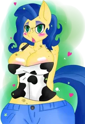 Size: 500x726 | Tagged: suggestive, artist:jasonator1, artist:krazykari, derpibooru import, oc, oc:milky way, unofficial characters only, anthro, earth pony, blushing, collaboration, cowprint, female, freckles, hands behind back, impossibly wide hips, mare, sexy, wide hips