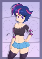 Size: 4173x5782 | Tagged: absurd resolution, alternate hairstyle, artist:thebrokencog, belly button, bra strap, breasts, busty twilight sparkle, castle sweet castle, cleavage, clothes, derpibooru import, female, human, humanized, midriff, miniskirt, off shoulder, punk, punklight sparkle, short shirt, skirt, solo, solo female, stockings, suggestive, twilight sparkle