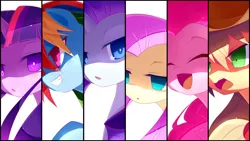 Size: 1920x1080 | Tagged: safe, artist:cyanaeolin, derpibooru import, applejack, fluttershy, pinkie pie, rainbow dash, rarity, twilight sparkle, earth pony, pegasus, pony, unicorn, blushing, bust, disgaea, eyes closed, female, gritted teeth, looking at you, mane six, no nose, no pupils, open mouth, portrait, sidemouth, smiling, wallpaper