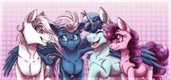 Size: 1024x485 | Tagged: safe, artist:inuhoshi-to-darkpen, derpibooru import, double diamond, night glider, party favor, sugar belle, earth pony, pegasus, pony, unicorn, the cutie map, backwards cutie mark, equal four, eyes closed, female, hug, male, mare, open mouth, smiling, stallion, winghug