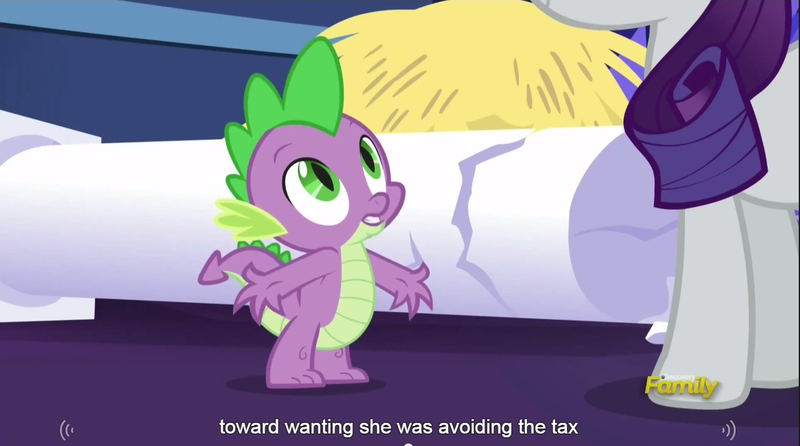 Size: 1281x714 | Tagged: castle sweet castle, derpibooru import, meme, rarity, safe, screencap, spike, tax evasion, youtube caption