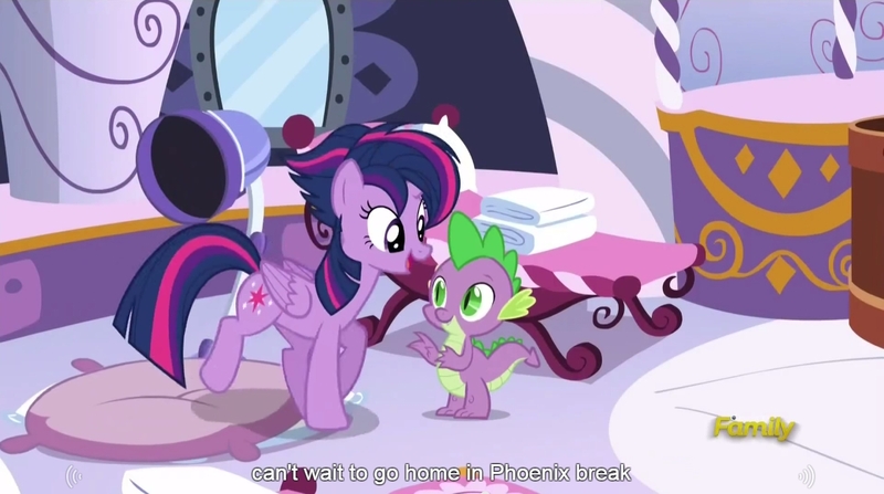 Size: 1279x714 | Tagged: safe, derpibooru import, screencap, spike, twilight sparkle, twilight sparkle (alicorn), alicorn, pony, castle sweet castle, alternate hairstyle, female, mare, meme, punklight sparkle, youtube caption