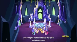 Size: 1284x713 | Tagged: applejack, castle sweet castle, cutie map, derpibooru import, fluttershy, meme, piña colada (drink), pinkie pie, rainbow dash, safe, screencap, youtube caption