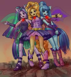 Size: 1199x1297 | Tagged: safe, artist:alloyrabbit, derpibooru import, adagio dazzle, aria blaze, sonata dusk, equestria girls, rainbow rocks, armpits, bare shoulders, boots, city, clothes, destruction, dress, fangs, fin wings, giantess, macro, panties, panty shot, ponied up, purple underwear, shoes, skirt, sleeveless, the dazzlings, underwear, upskirt