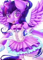 Size: 2893x4092 | Tagged: anthro, artist:zodiacnicola, clothes, derpibooru import, looking at you, magical girl, microphone, open mouth, safe, semi-anthro, solo, twilight sparkle, twilight sparkle (alicorn)