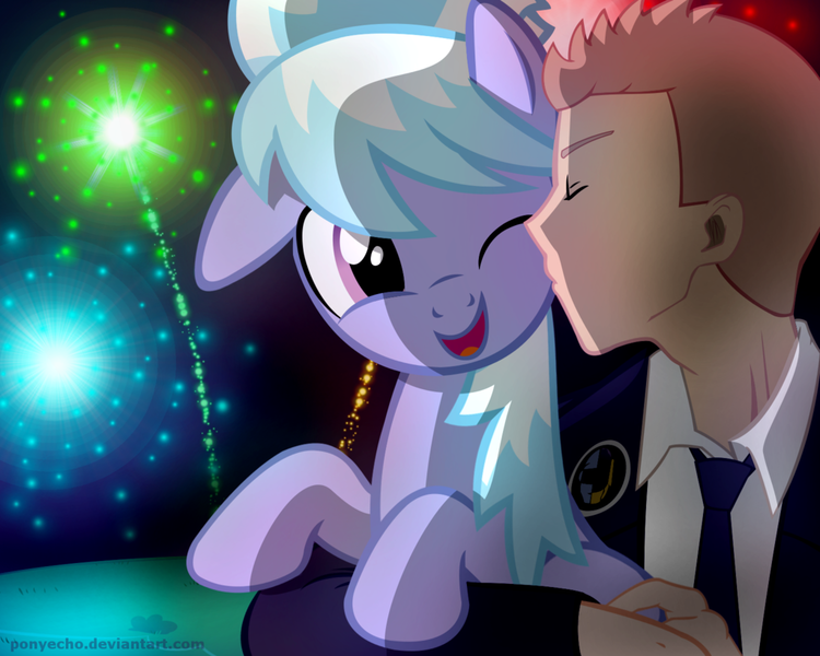 Size: 1024x819 | Tagged: safe, artist:ponyecho, derpibooru import, cloudchaser, oc, oc:anon, human, pegasus, pony, clothes, cute, cutechaser, eyes closed, female, fireworks, human male, human on pony action, interspecies, kissing, male, mare, one eye closed, open mouth, show accurate, straight